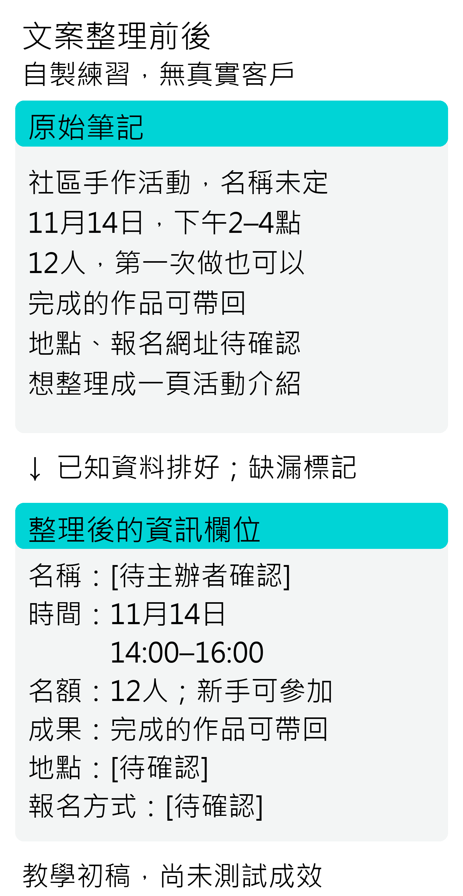 自製活動文案練習:原始筆記與整理後欄位對照,保留地點及報名方式待確認。